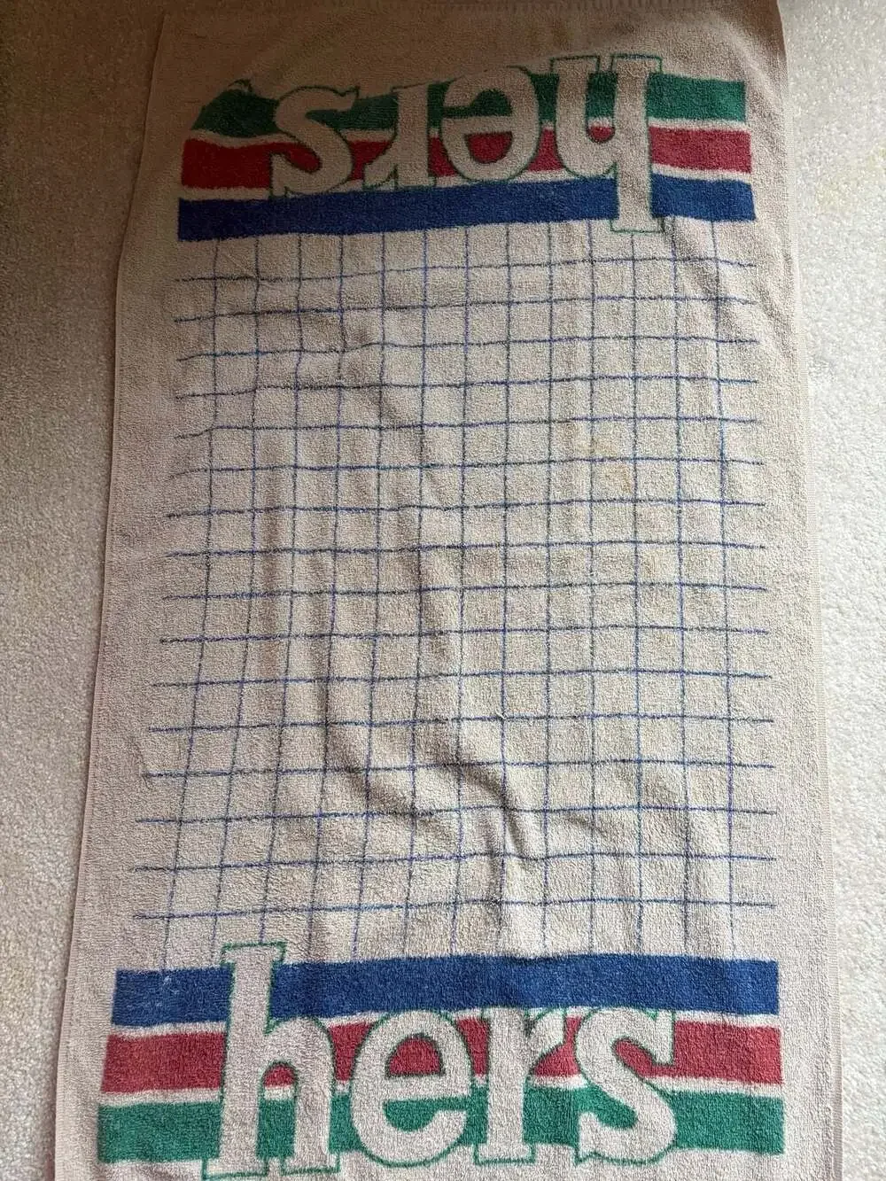Vintage Dundee 'Hers' Cotton Blend Bath Towel Tan with Grid and Stripes Made in